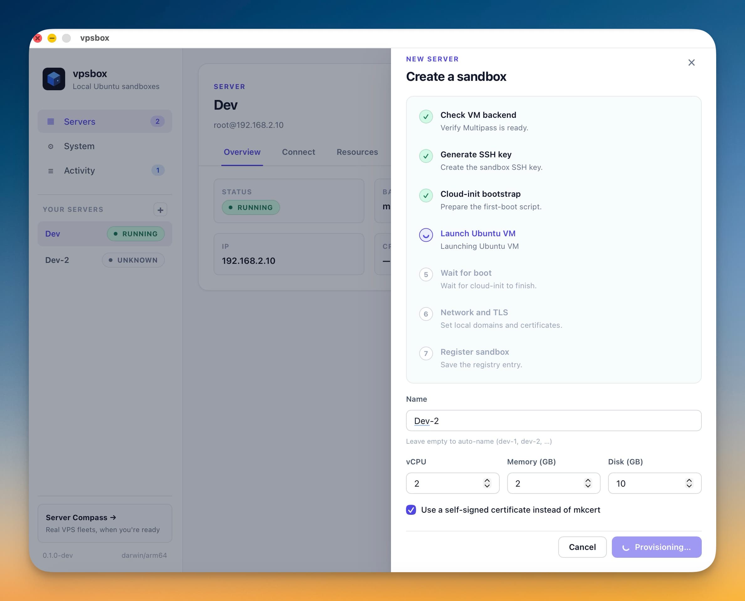 VPSBox.app desktop interface showing local Ubuntu sandbox management