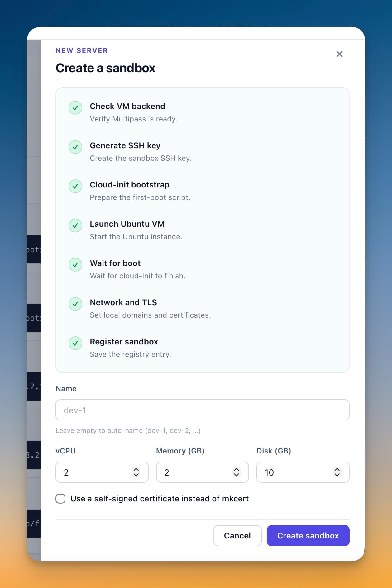 VPSBox.app create new sandbox screen