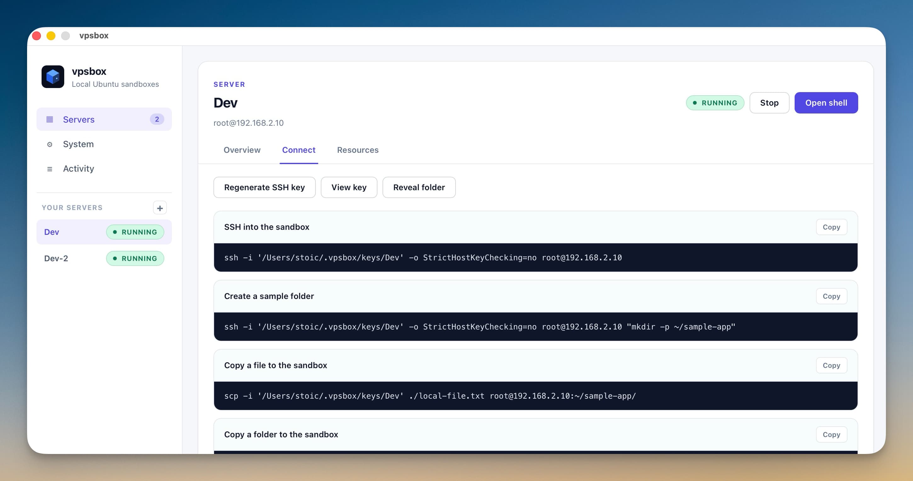 VPSBox.app quick connect screen
